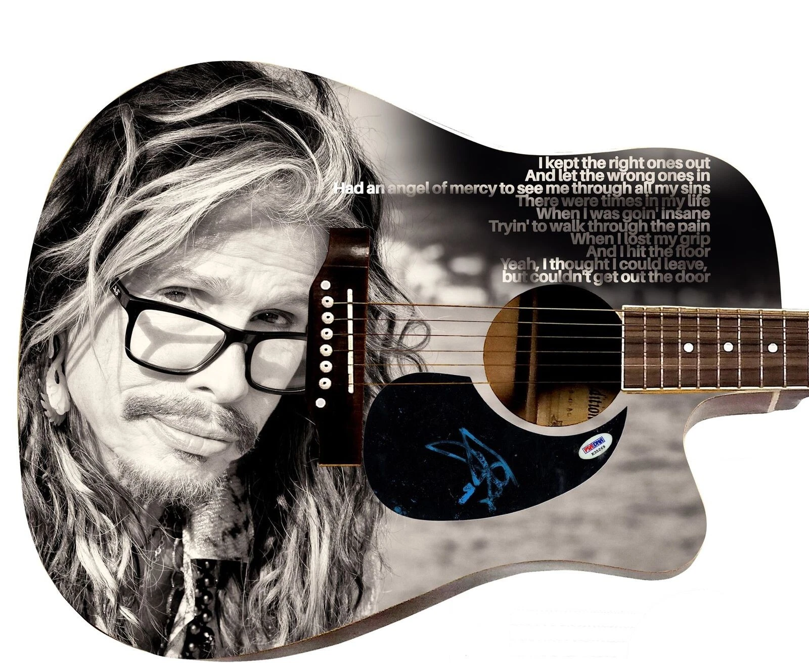 Aerosmith Steven Tyler Signed 1:1 Graphics Photo Guitar PSA