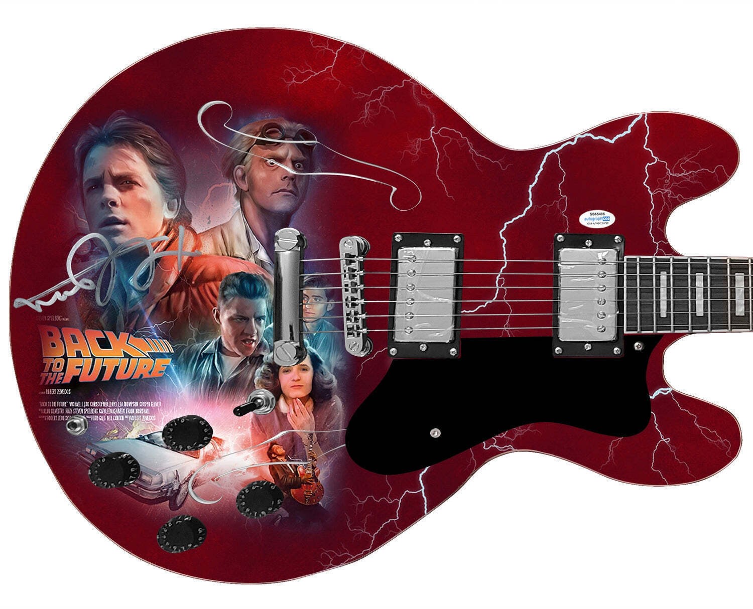 Michael J. Fox Signed Back To The Future Photo Graphics Guitar ACOA