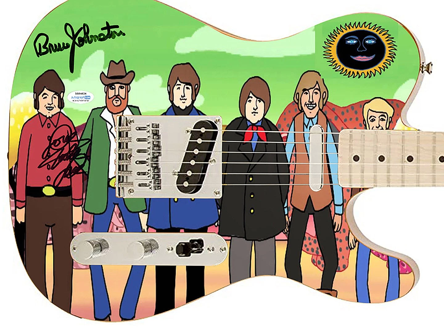 The Beach Boys Autographed Band Cartoon Photo Graphics Fender Guitar ACOA Exact