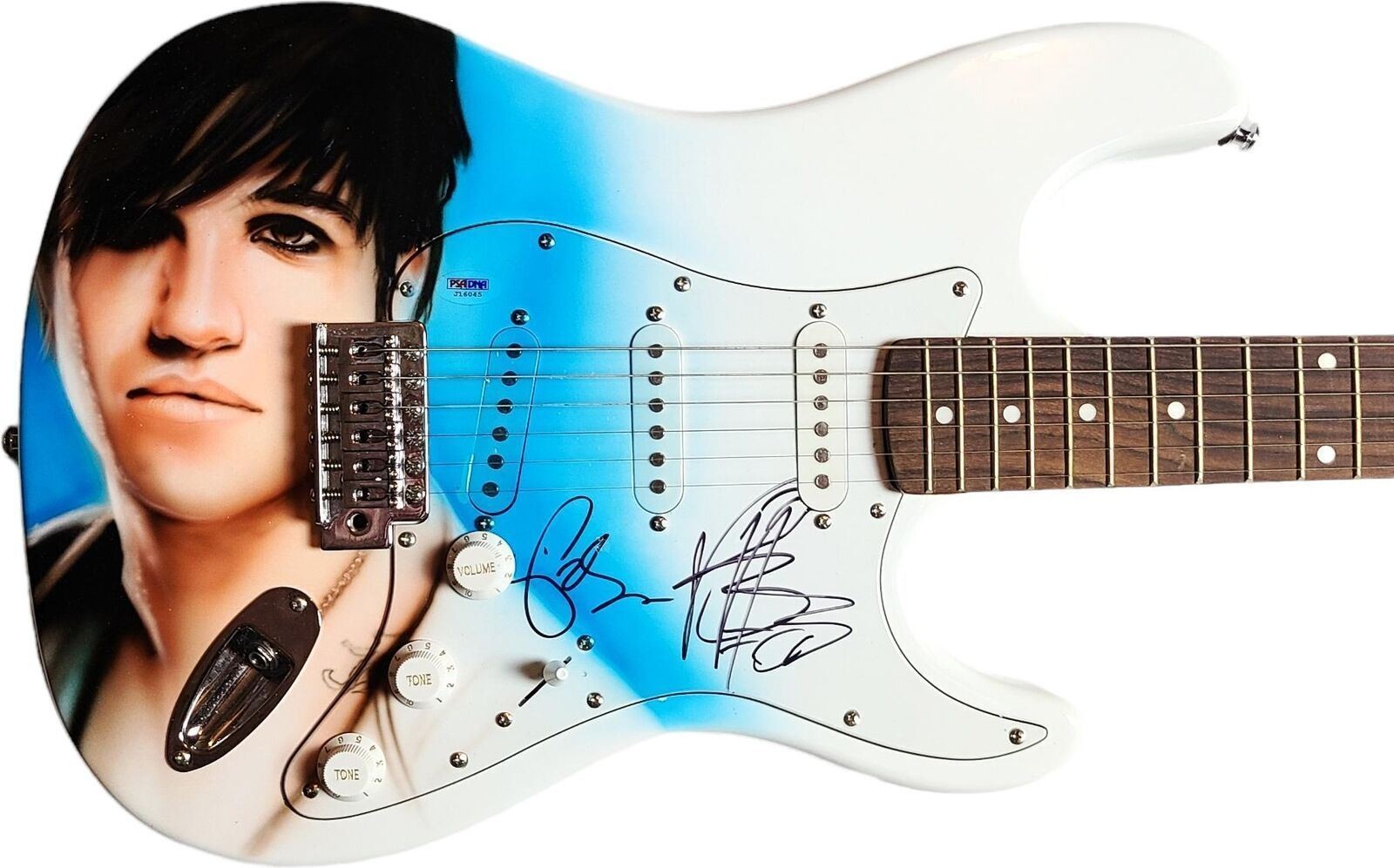 Fall Out Boy Pete Wentz Plus Autographed Hand Airbrushed Guitar UACC AFTAL RACC