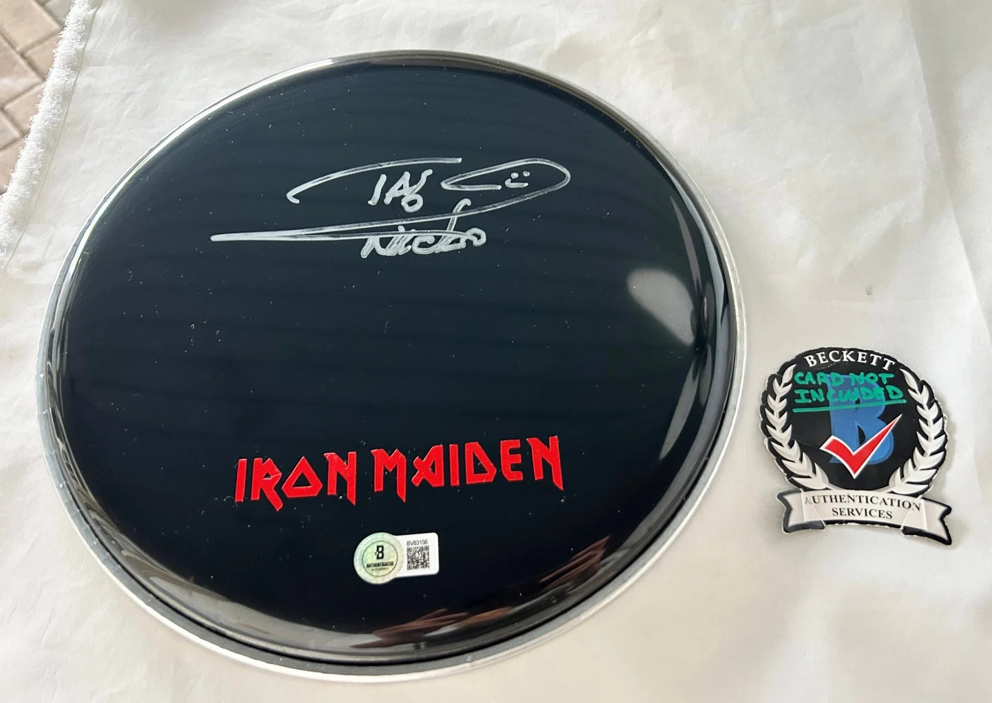 Nicko McBrain Signed Drumhead Iron Maiden Beckett BAS COA