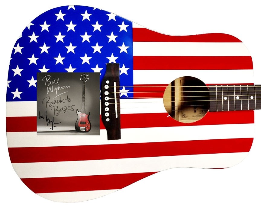 Bill Wyman Autographed CD Cover USA Flag Acoustic Guitar