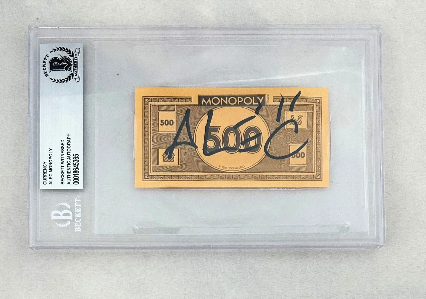Alec Monopoly Signed Monopoly Money $500 Currency Beckett BAS COA