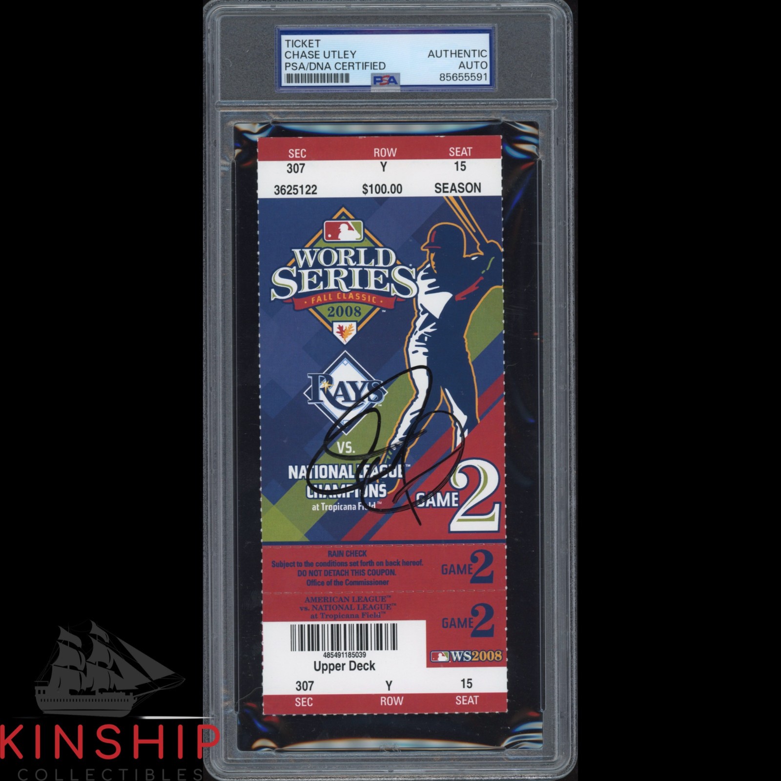Chase Utley signed 2008 World Series Game 2 Ticket PSA DNA Slab Auto C5564