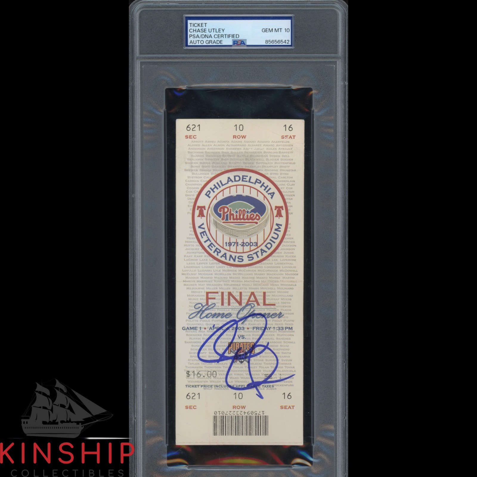 Chase Utley signed MLB Debut Ticket PSA DNA Slabbed Phillies Auto Grade 10 C3642