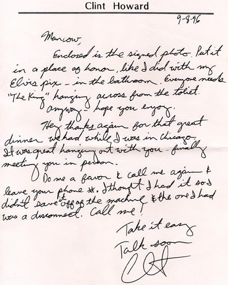 Clint Howard Signed Autographed Handwritten Letter