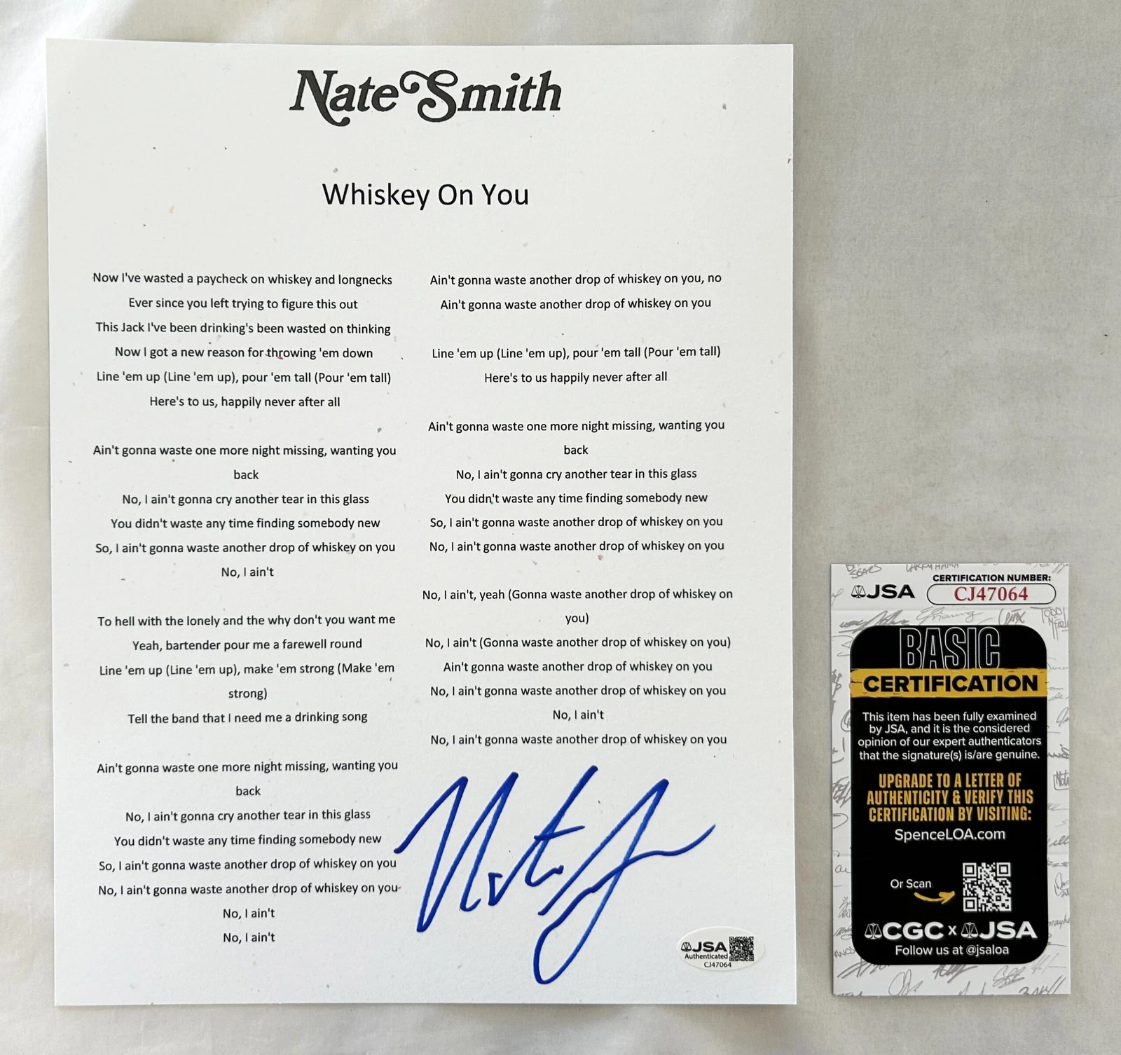 Nate Smith Signed Lyric Sheet Whiskey On You JSA 1 COA