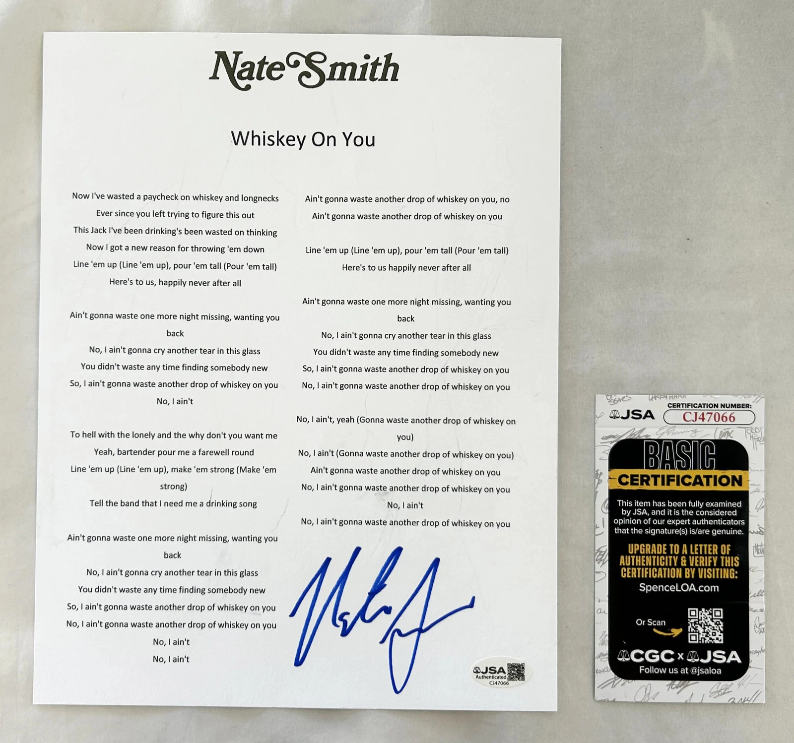 Nate Smith Signed Lyric Sheet Whiskey On You JSA COA