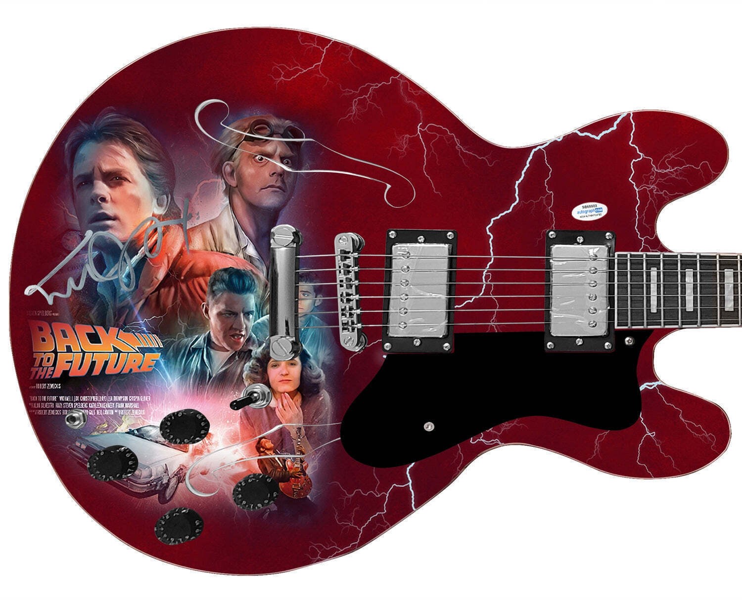 Michael J. Fox Signed Back To The Future Photo Graphics Guitar ACOA