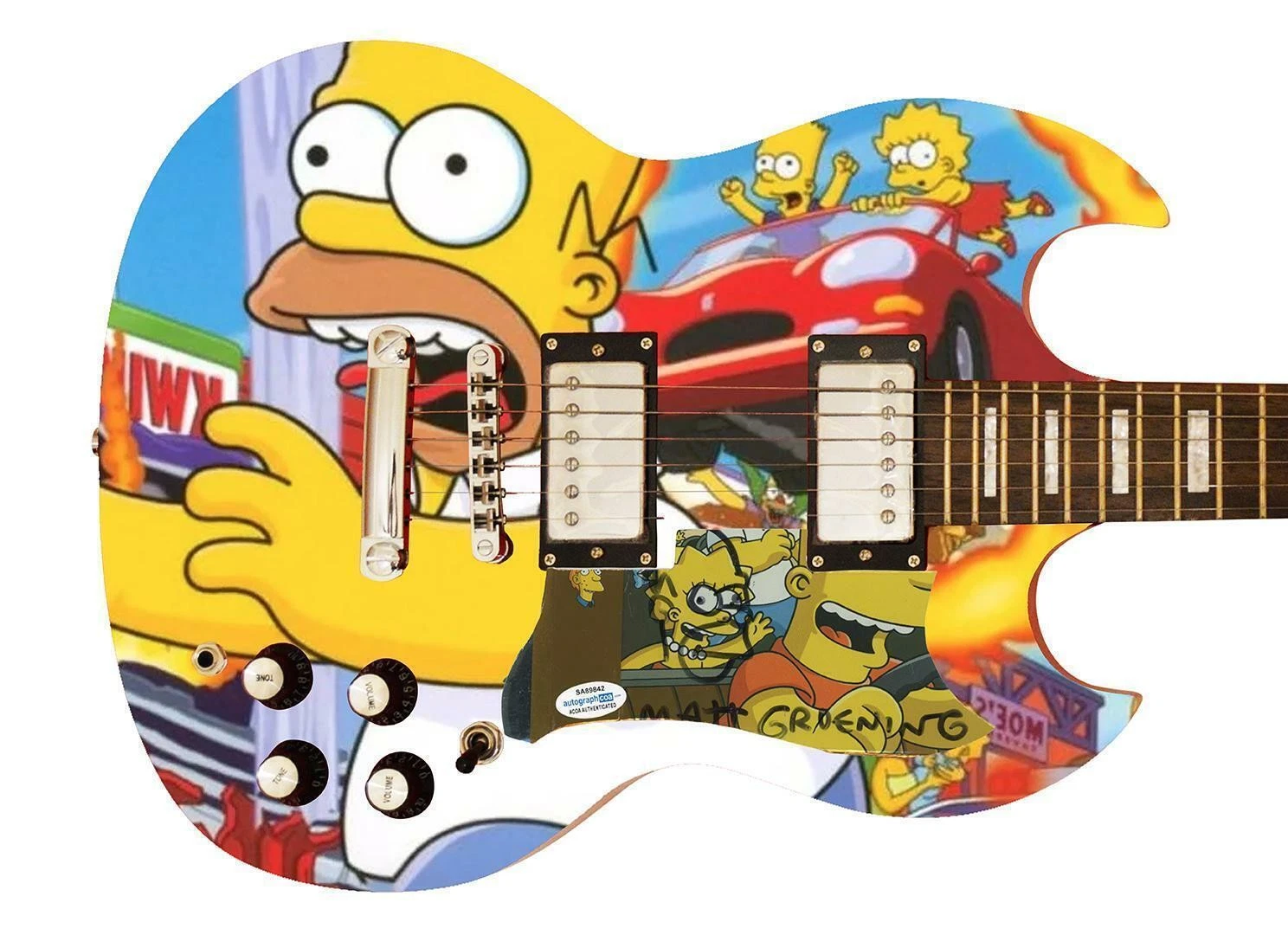 Matt Groening Signed The Simpsons Custom Photo Graphics Guitar ACOA ACOA
