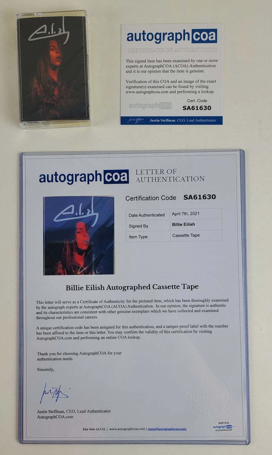 BILLIE EILISH SIGNED DIRECT FROM HER CASSETTE TAPE SEALED ACOA COLLECTIBLE MEMORABILIA