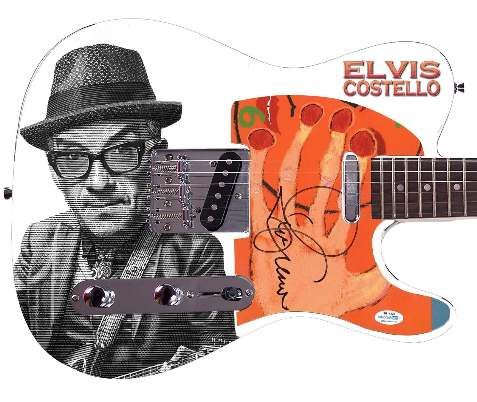 Elvis Costello Signed Custom Graphics Photo Guitar ACOA