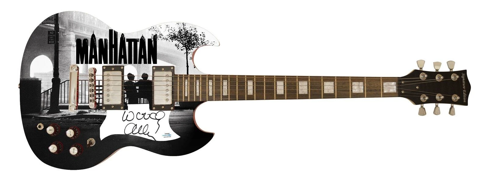 Woody Allen Signed Manhattan Movie Photo Guitar ACOA