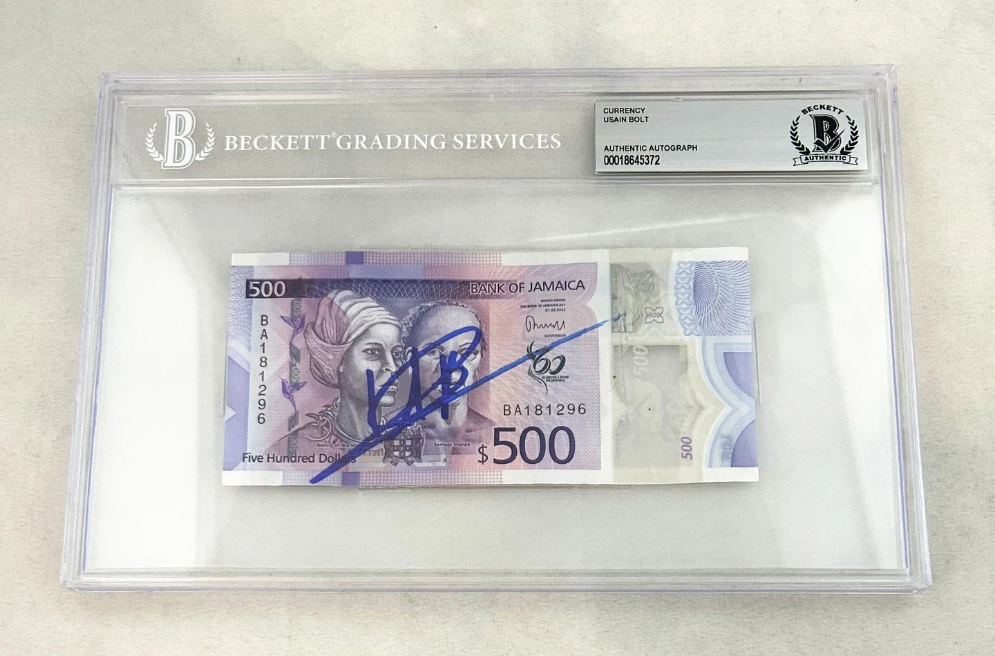 Usain Bolt Signed Official Jamaican Currency $500 Olympic Champion Beckett BA...