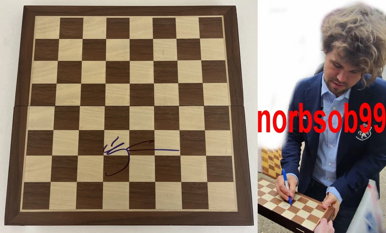 MAGNUS CARLSEN GRANDMASTER SIGNED CHESS BOARD w/EXACT VIDEO PROOF & BECKETT COA