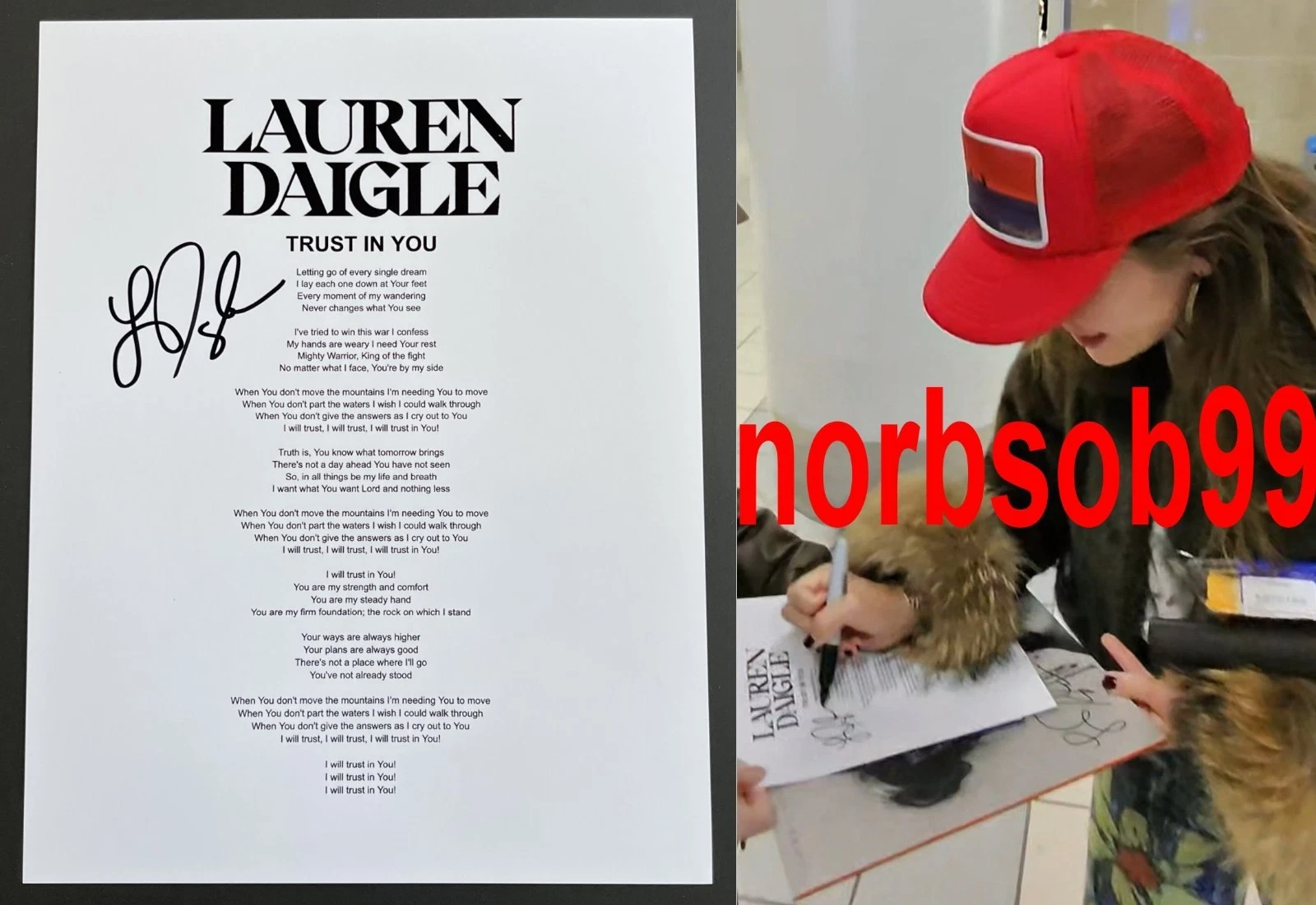 LAUREN DAIGLE SIGNED AUTOGRAPH TRUST IN YOU LYRIC SHEET w/EXACT PROOF