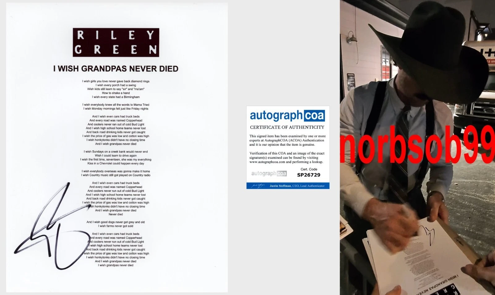 RILEY GREEN SIGNED I WISH GRANDPAS NEVER DIED LYRIC SHEET wEXACT VIDEO PROOF COA