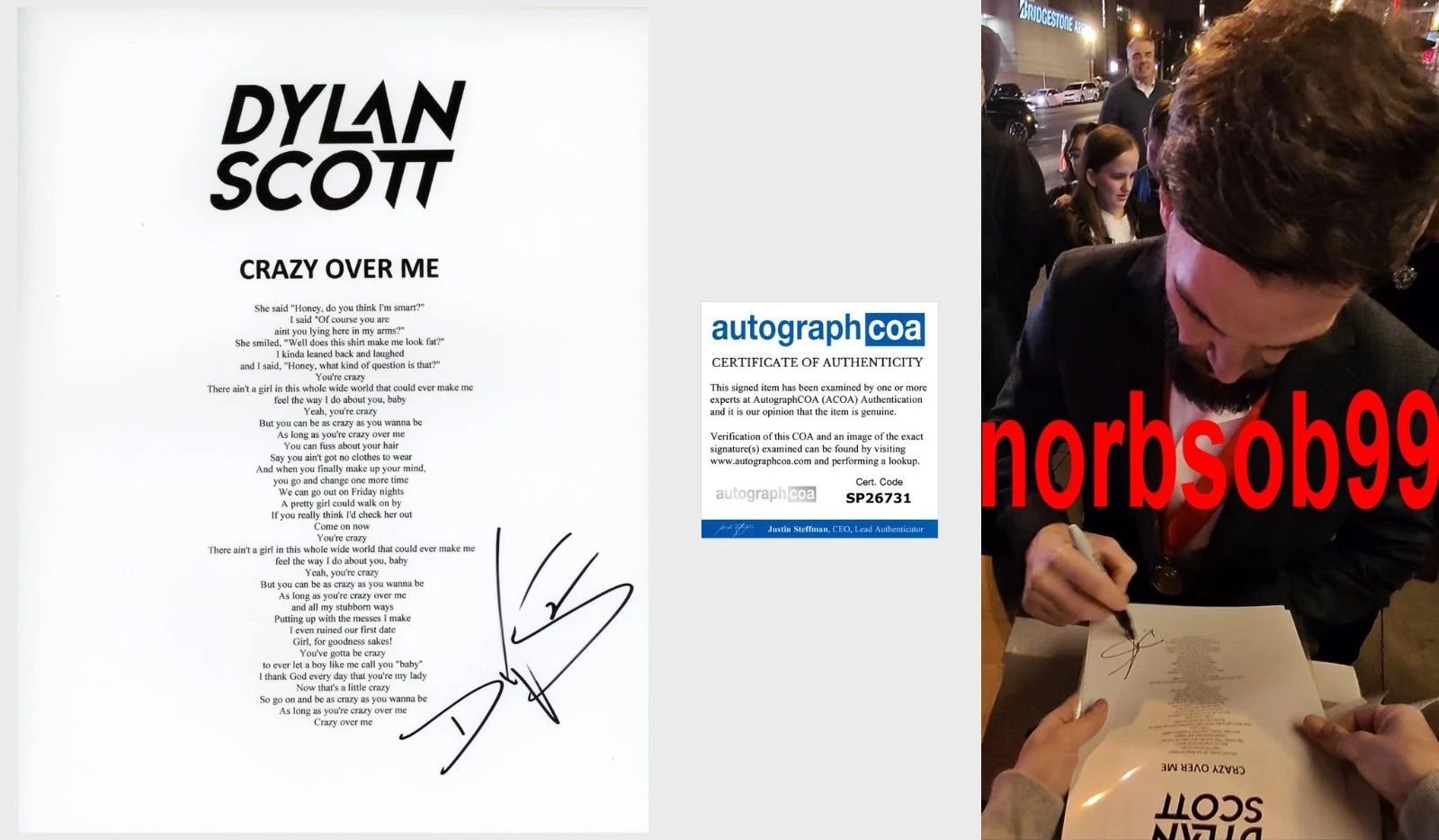 DYLAN SCOTT SIGNED AUTOGRAPH CRAZY OVER ME LYRIC SHEET w/EXACT PROOF & COA
