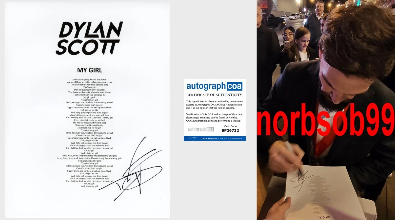 DYLAN SCOTT SIGNED AUTOGRAPH MY GIRL LYRIC SHEET w/EXACT PROOF & ACOA COA