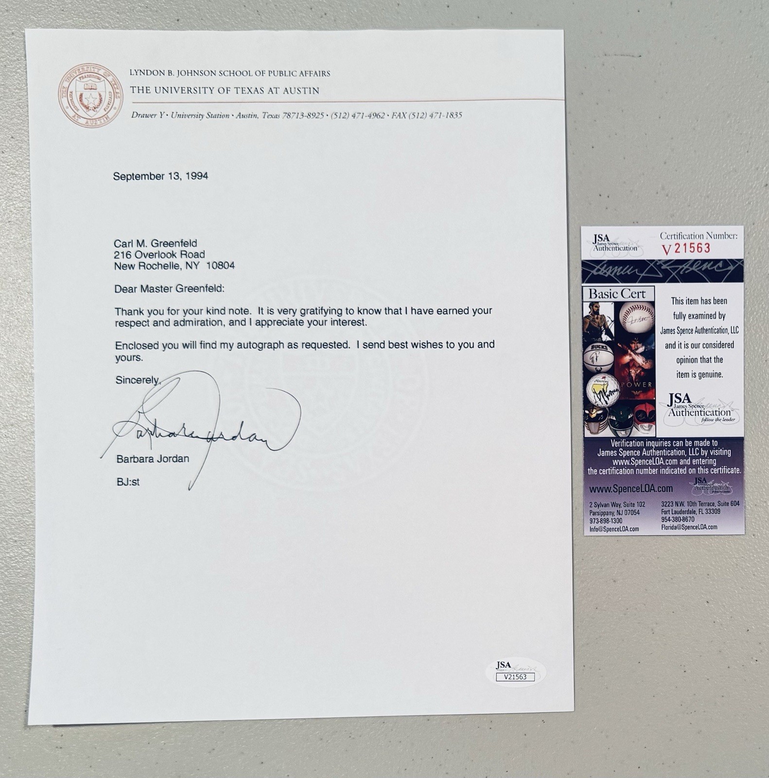 Barbara Jordan Signed Autographed Typed Letter Signed JSA Cert Congresswoman