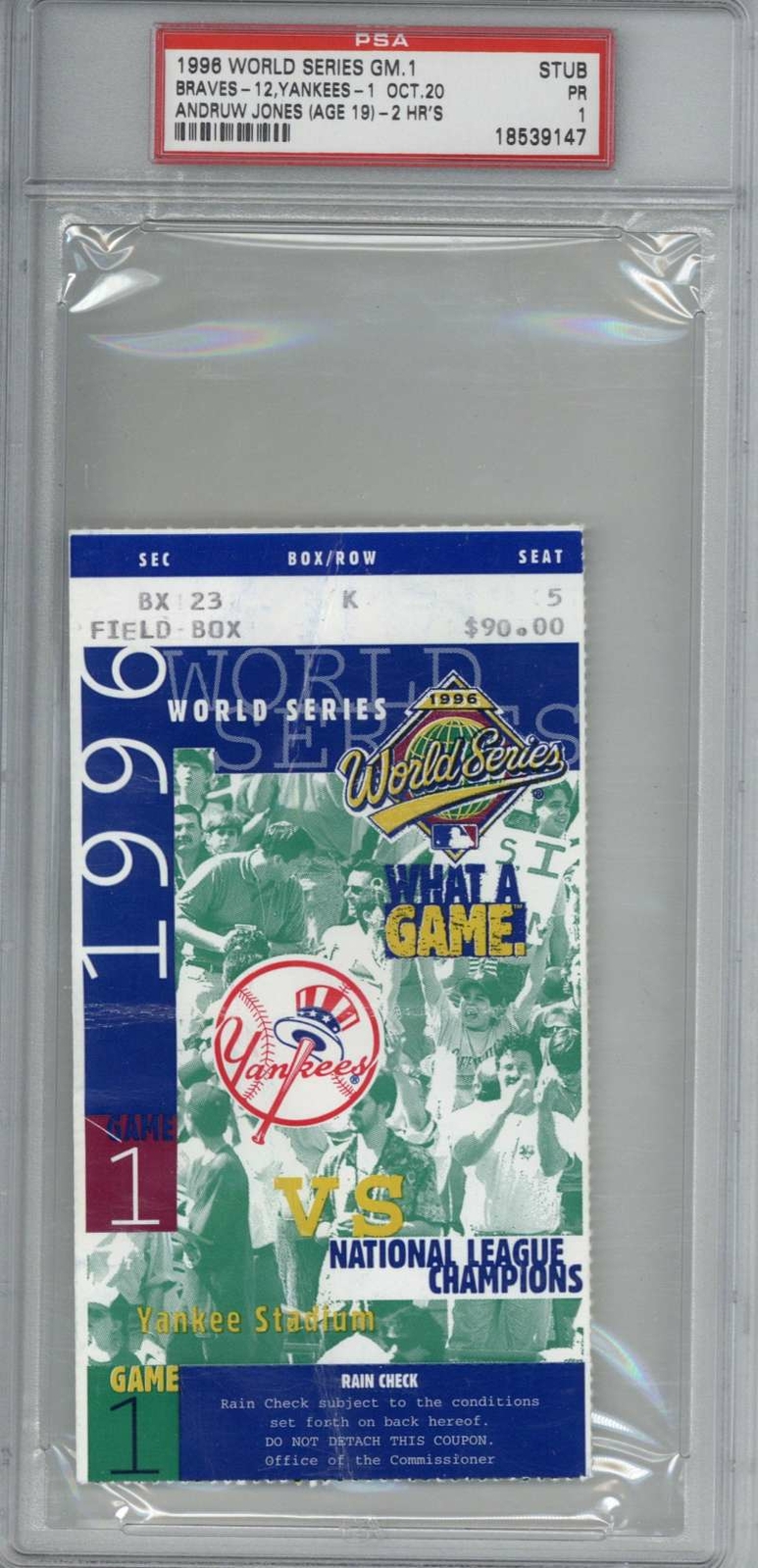 1996 World Series Game 1 Ticket stub Jeter Rivera 1st WS Original PSA 1