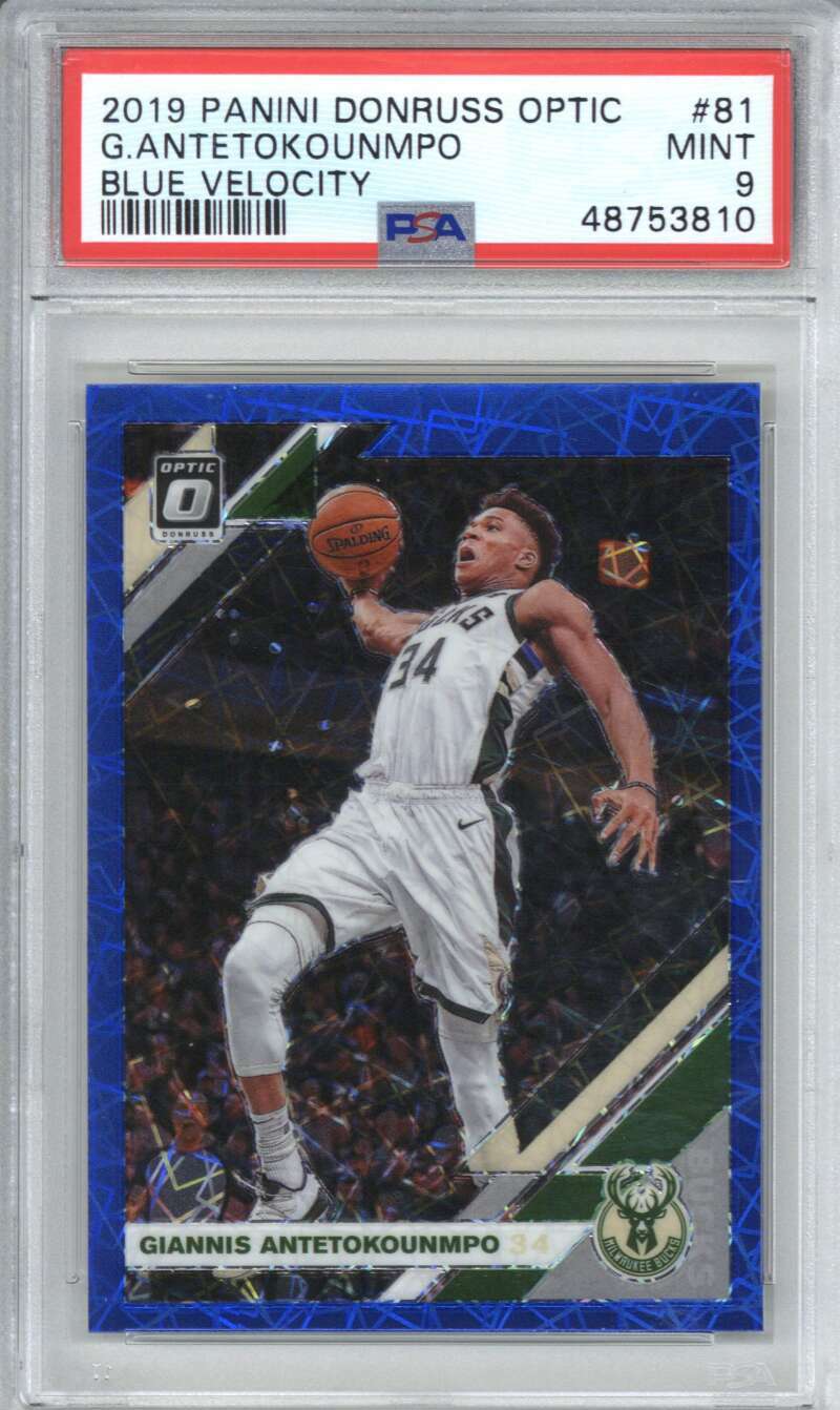 2019 Panini Donruss Optic 81 Giannis Antetokounmpo Blue Velocity PSA 9