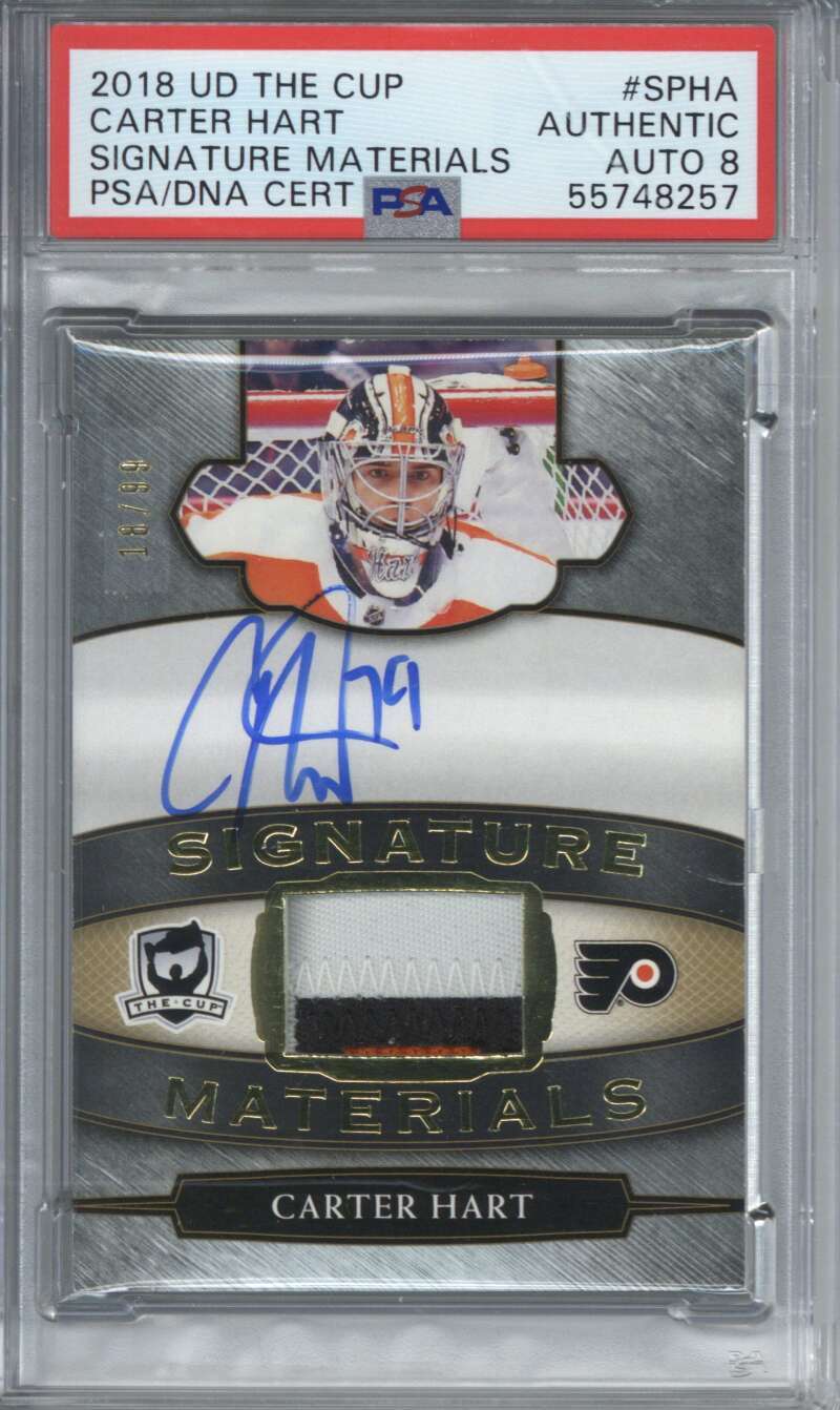 2018 Upper Deck The Cup SPHA Carter Hart Signature Materials /99 PSA Auto 8