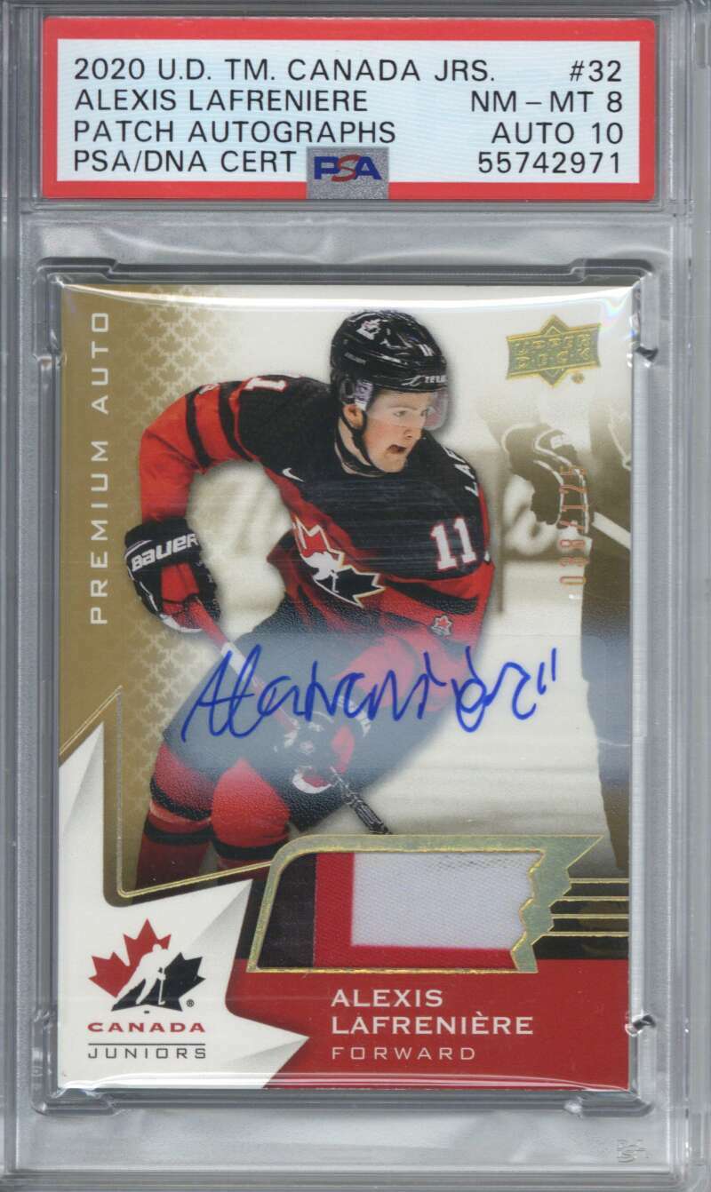 2020 Upper Deck Team Canada Juniors Alexis Lafreniere Patch Auto /125 PSA 8 10