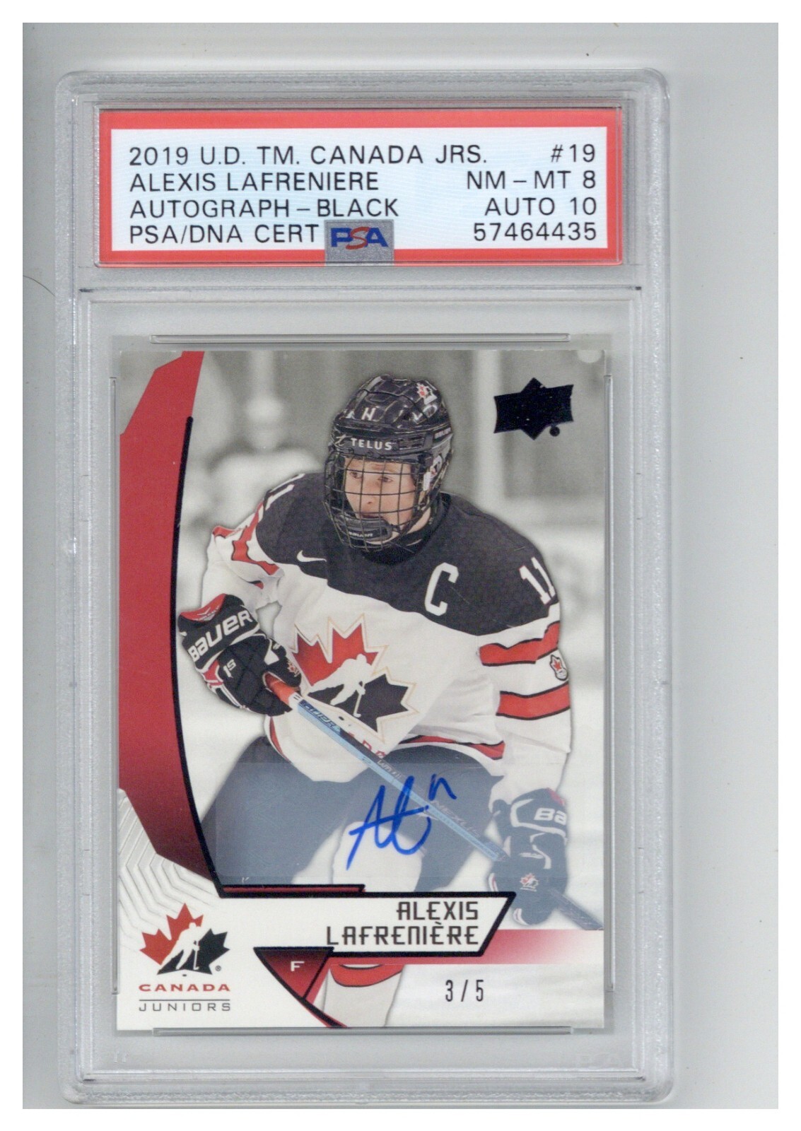 2019 Upper Deck Team Canada Juniors Alexis Lafreniere Auto Black /5 PSA 8 10