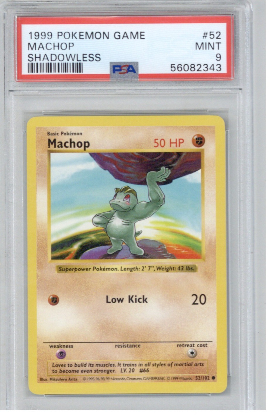 1999 POKEMON GAME BASE SET 52 MACHOP SHADOWLESS PSA 9 MINT