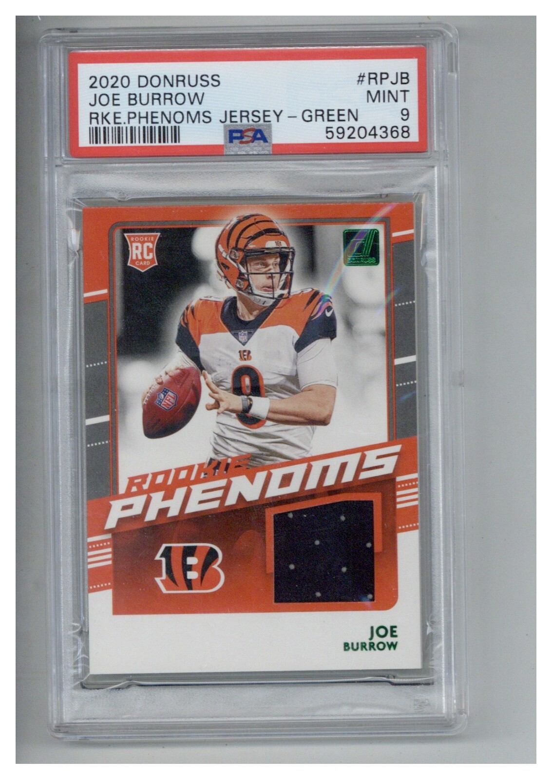 2020 Panini Donruss Rookie Phenoms Jersey Rpjb Joe Burrow Green PSA 9