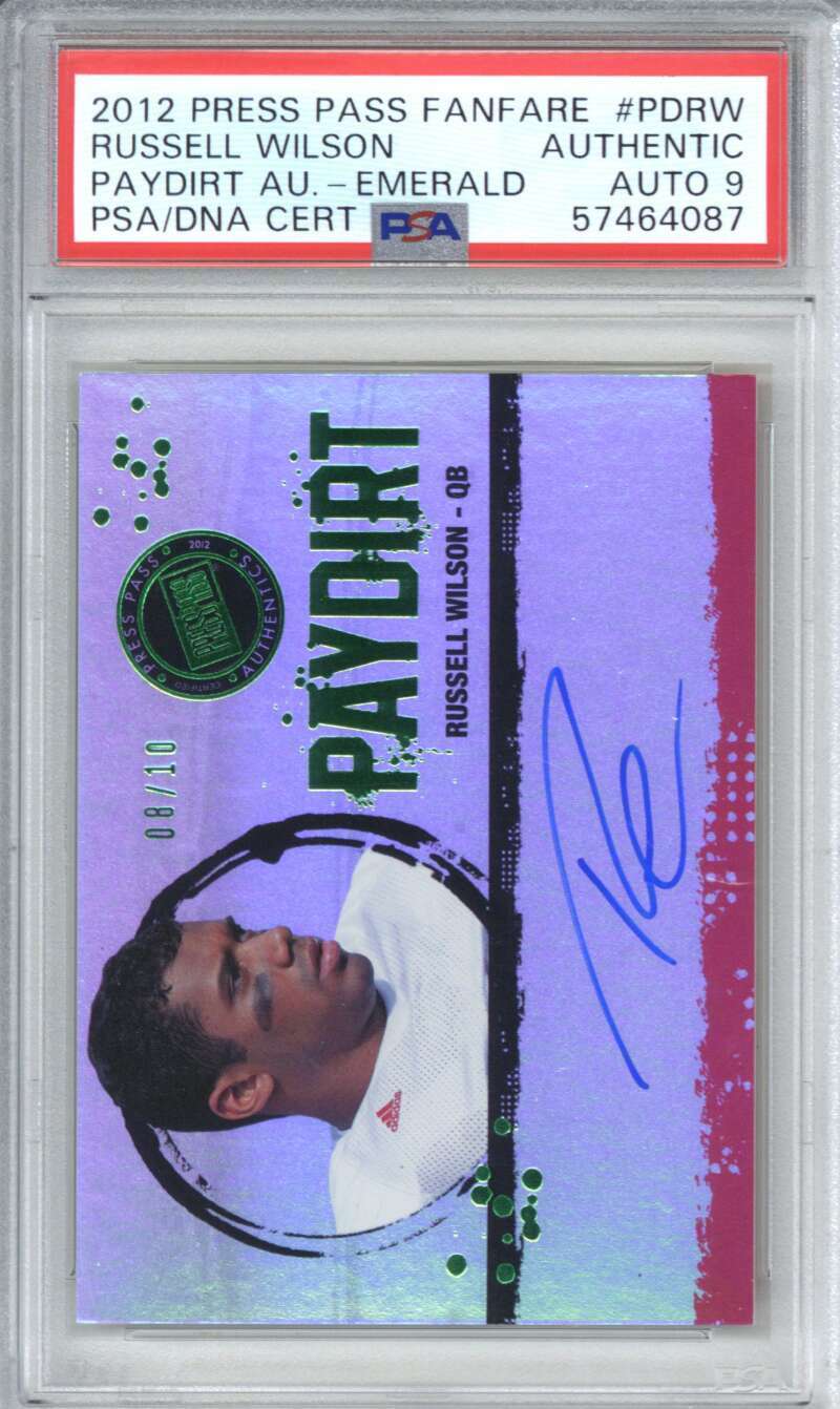 2012 Press Pass Fanfare PDRW Russell Wilson Paydirt Auto Emerald /10 PSA 9 Auto