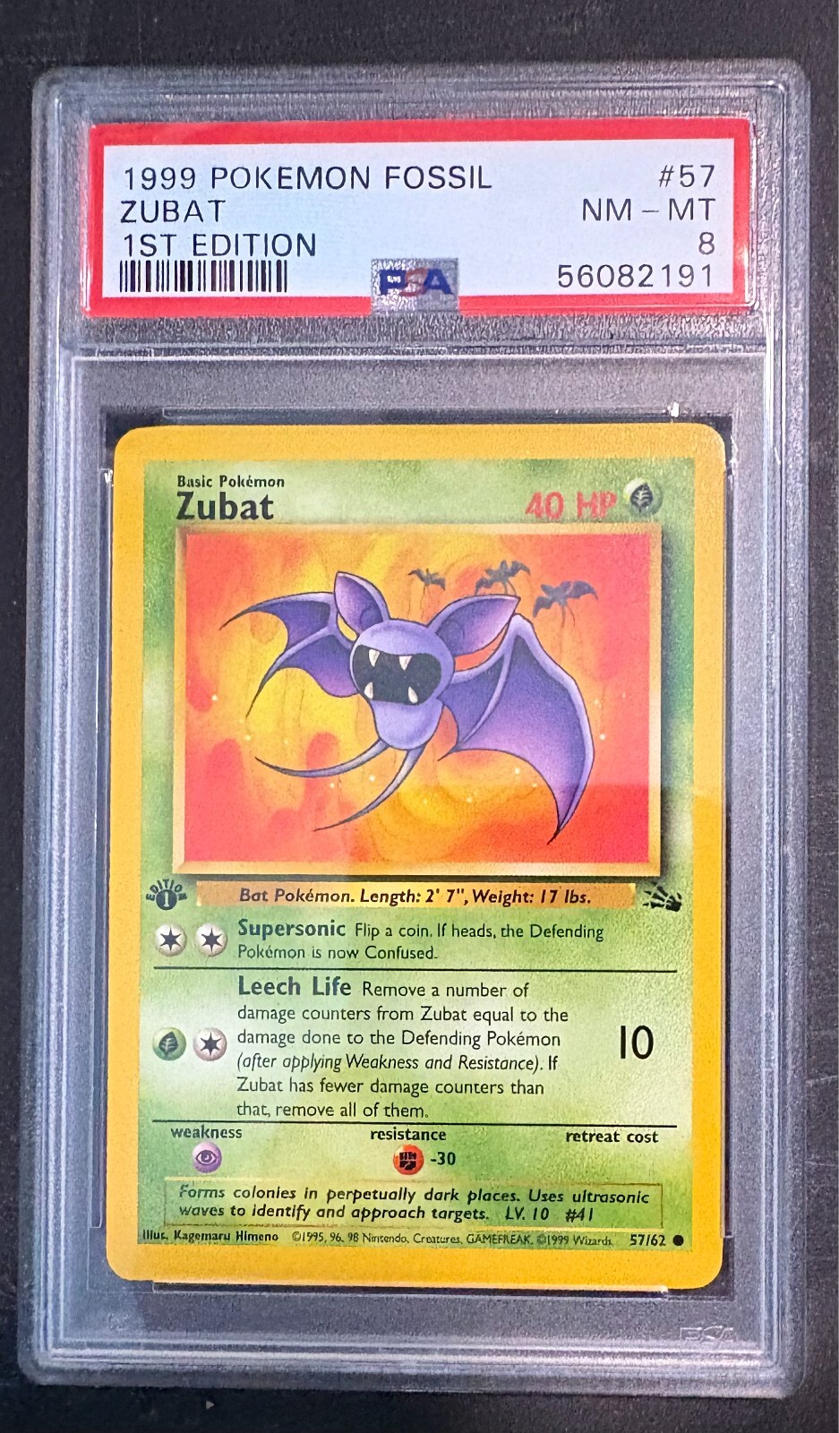 1999 POKEMON FOSSIL 1ST EDITION 57 ZUBAT PSA 8 COLLECTIBLE MEMORABILIA