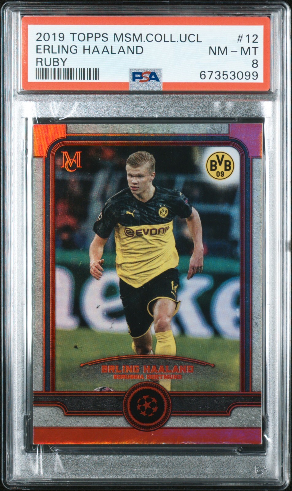 2019 TOPPS MUSEUM COLLECTION UEFA CHAMPIONS LEAGUE ERLING HAALAND RUBY /25 PSA 8