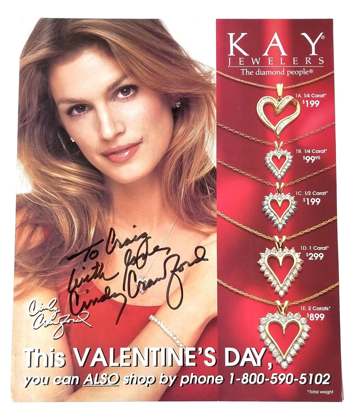 Cindy Crawford REAL hand SIGNED 1997 Kay Jewelers Magazine #4 COA Autographed