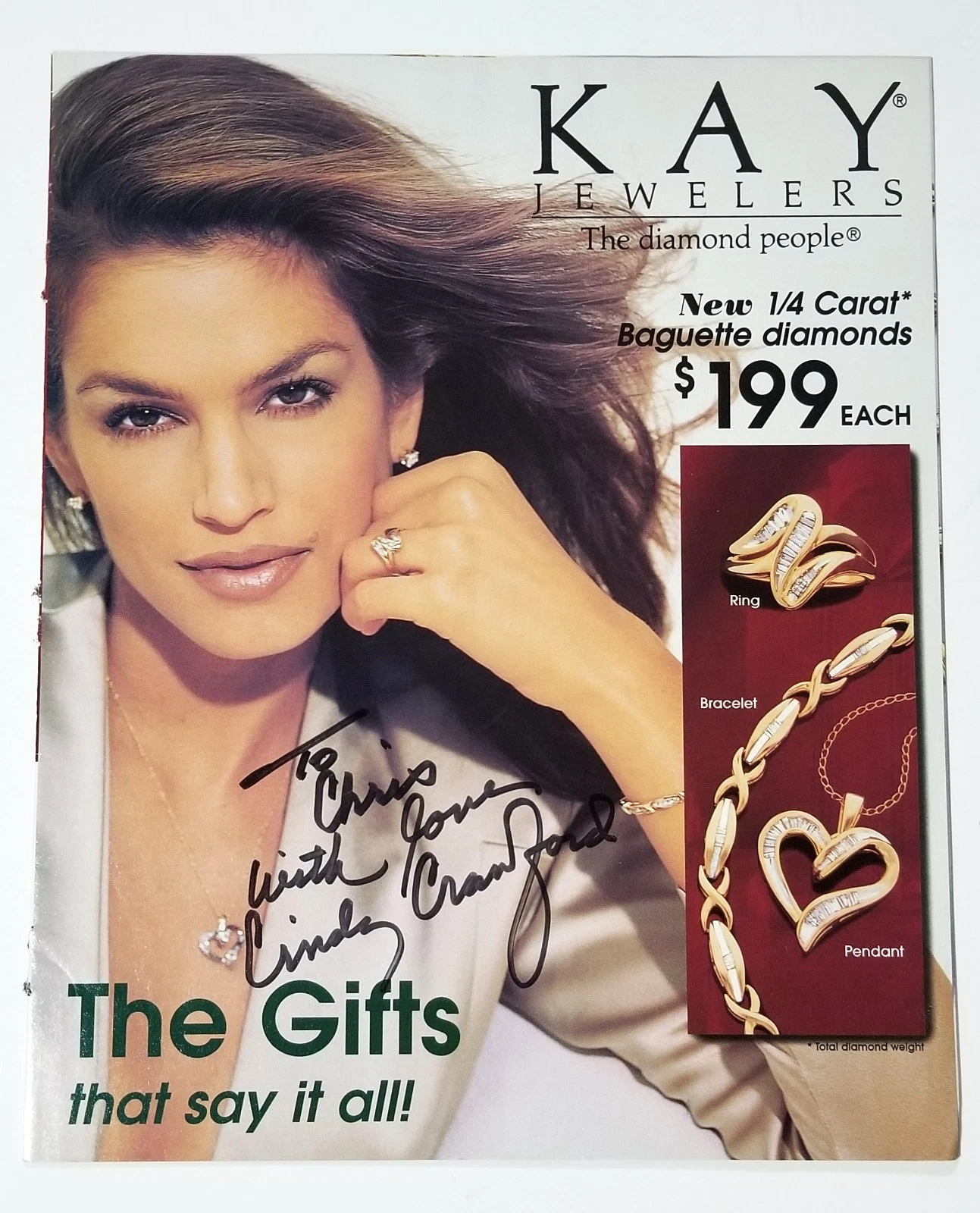 Cindy Crawford REAL hand SIGNED 1996 Kay Jewelers Magazine #1 COA Autographed