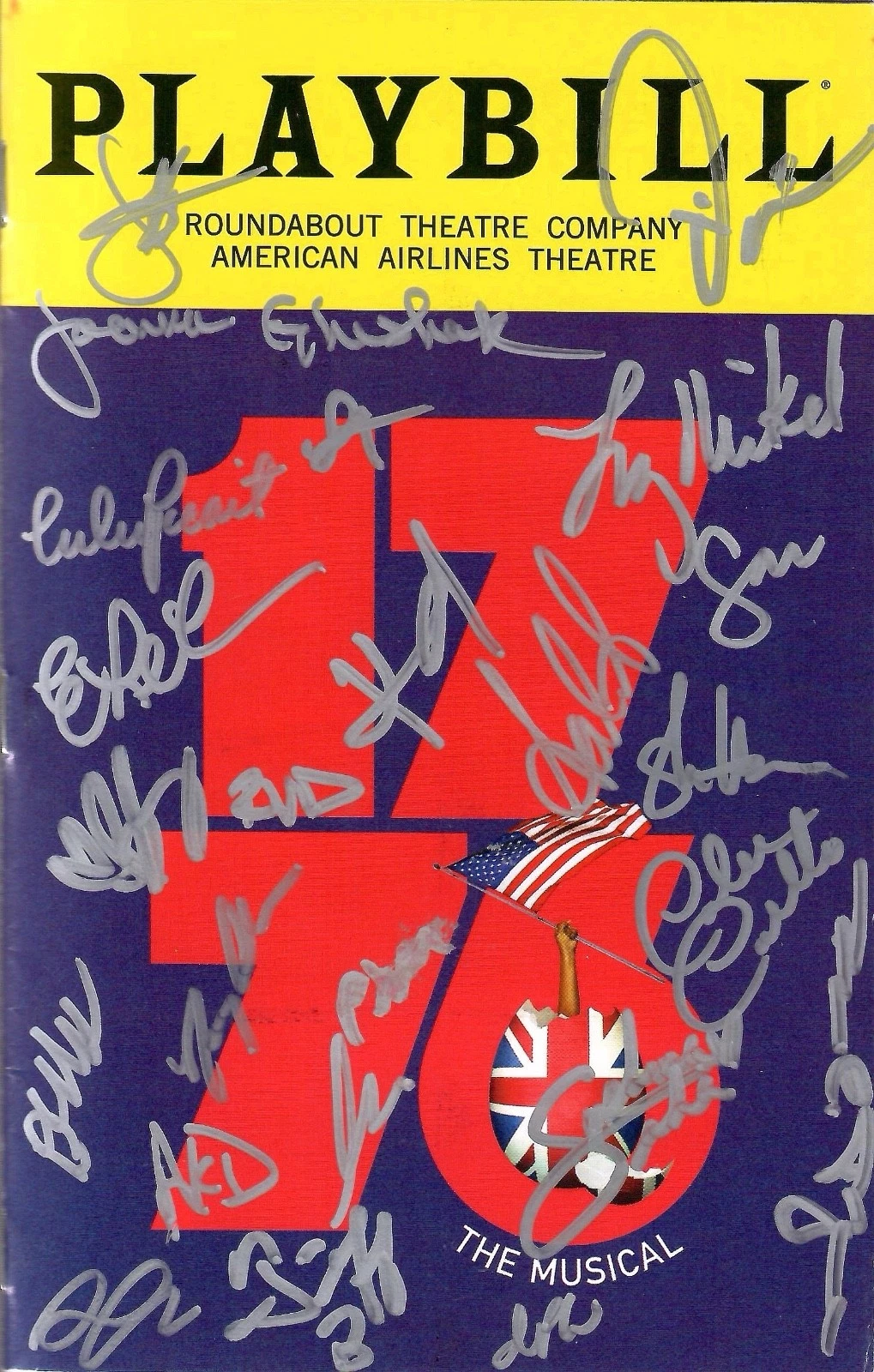 1776 HAND SIGNED NYC PLAYBILL FROM 2022+COA         SIGNED BY CAST IN SILVER