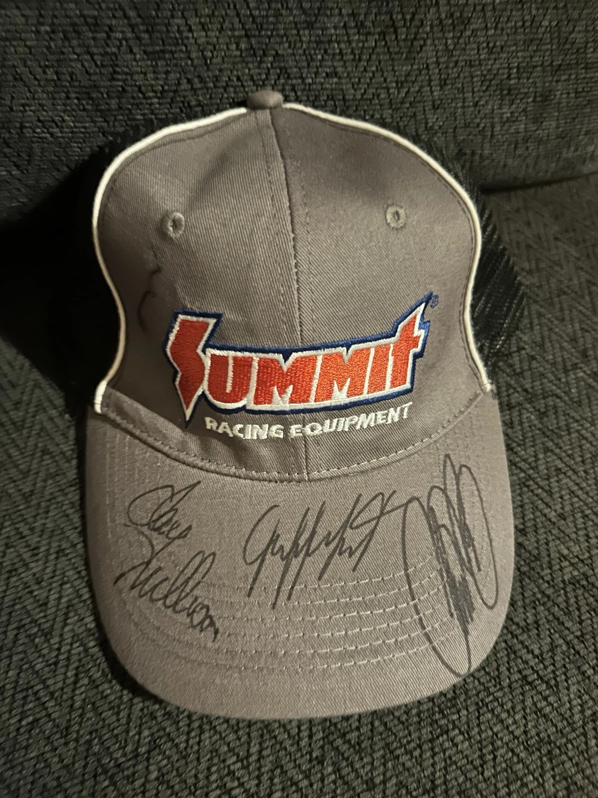 Antron Brown Clay Millican Jeff Lutz hand SIGNED Hat Summit Racing Autographed