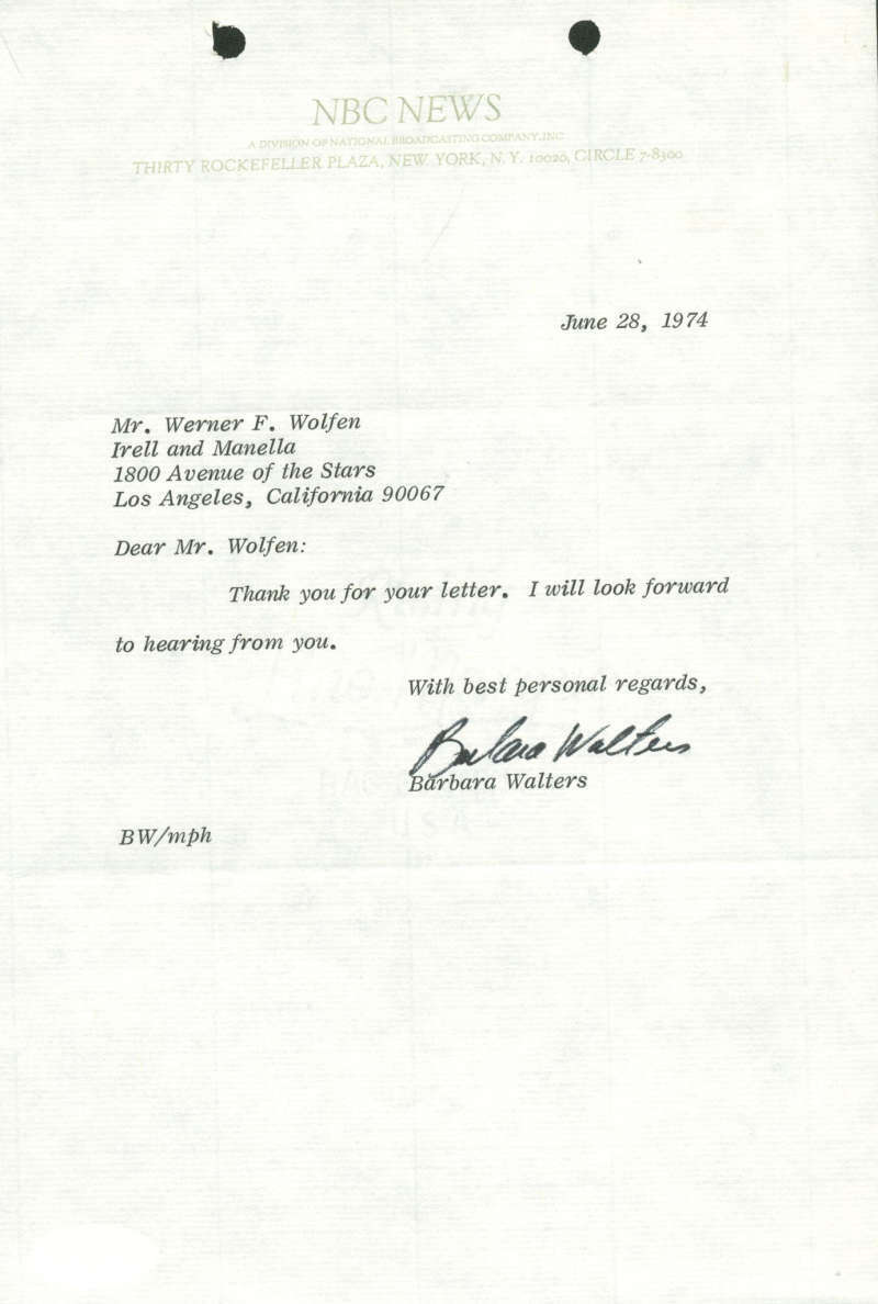 Barbara Walters NBC News Signed Autographed 1974 Typed Letter PSA/DNA