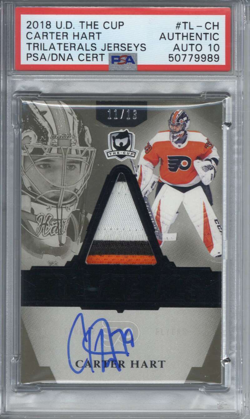 2018 Upper Deck The Cup TLCH Carter Hart Trilaterals Jerseys /13 PSA Auto 10