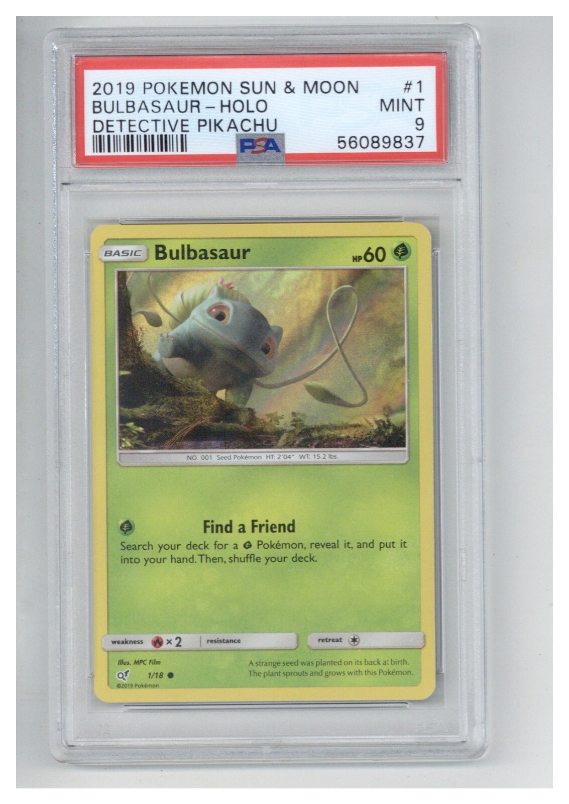 2019 Pokemon Sun & Moon Detective Pikachu 1 Bulbasaur-Holo PSA 9