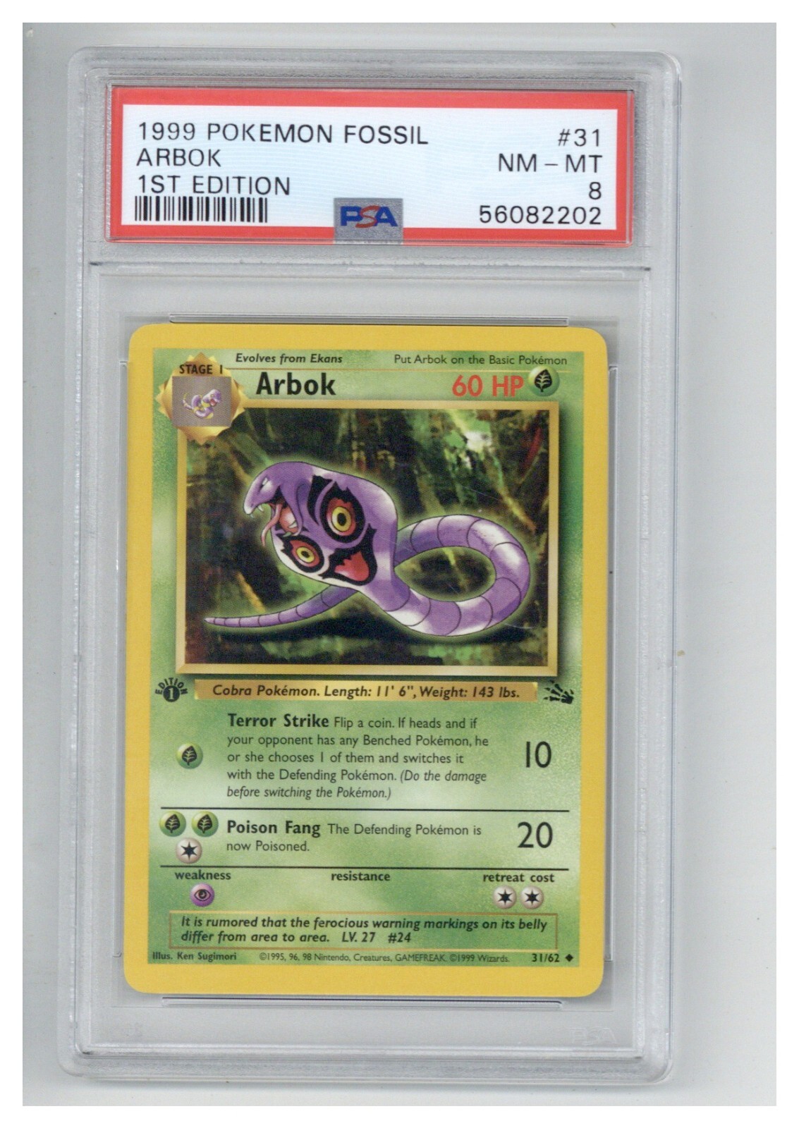 1999 Pokemon Fossil 31 Arbok 1st Edition PSA 8