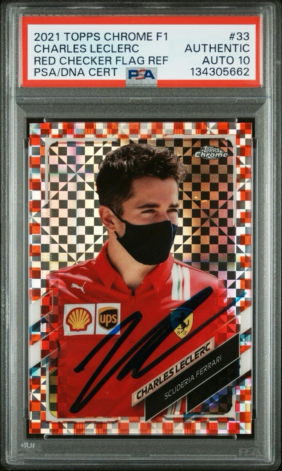 2021 Topps Chrome F1 #33 Charles Leclerc Signed Red Checker Flag /5 PSA AUTO 10