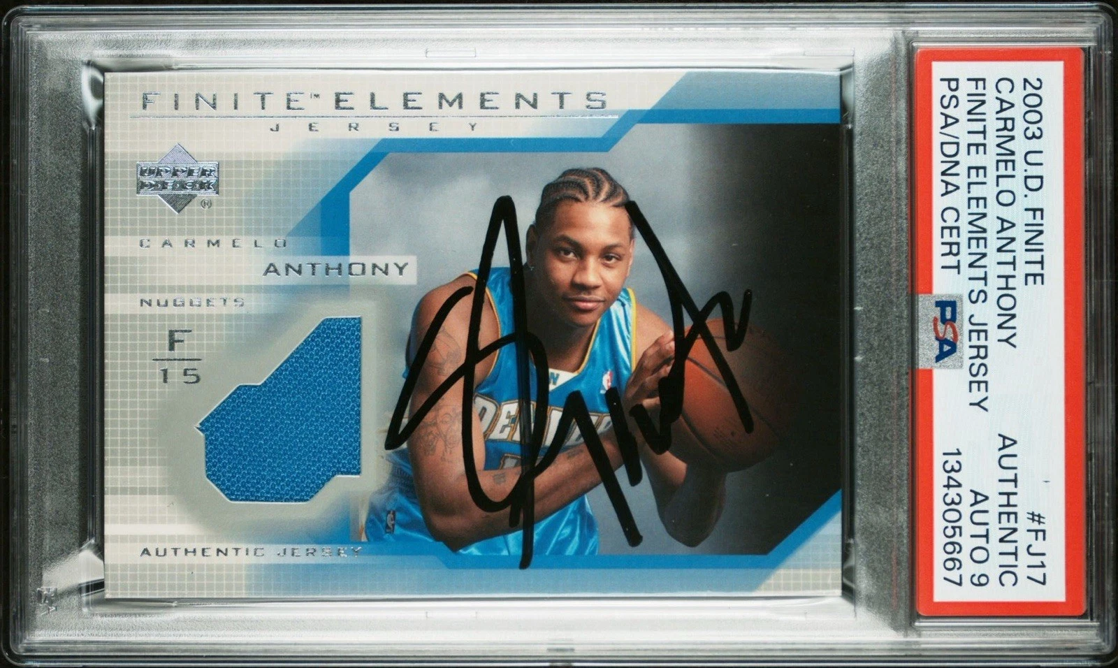 2003 Upper Deck Finite Carmelo Anthony Signed Rookie Elements Jersey PSA AUTO 9