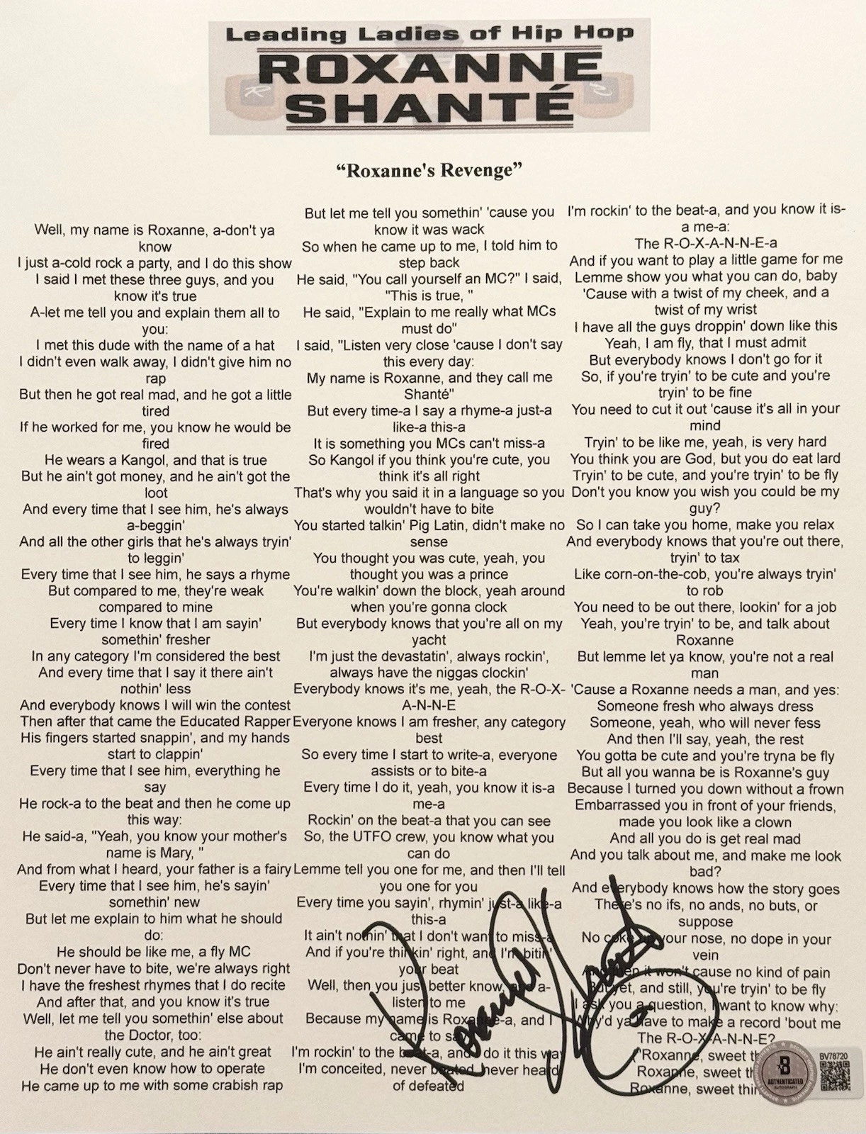 Roxanne Shante Signed Autographed Roxanne’s Revenge Lyric Sheets BAS Beckett COA