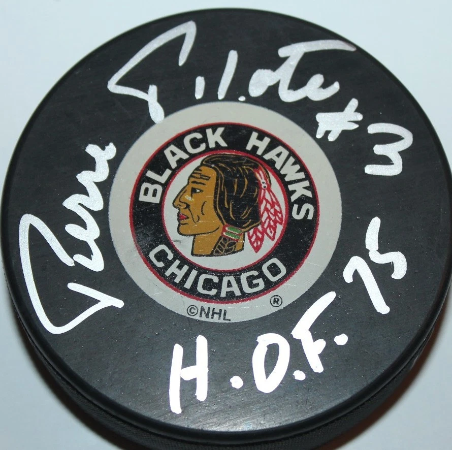 PIERRE PILOTE SIGNED CHICAGO BLACKHAWKS HOCKEY PUCK W/CASE HOF 1975 COA