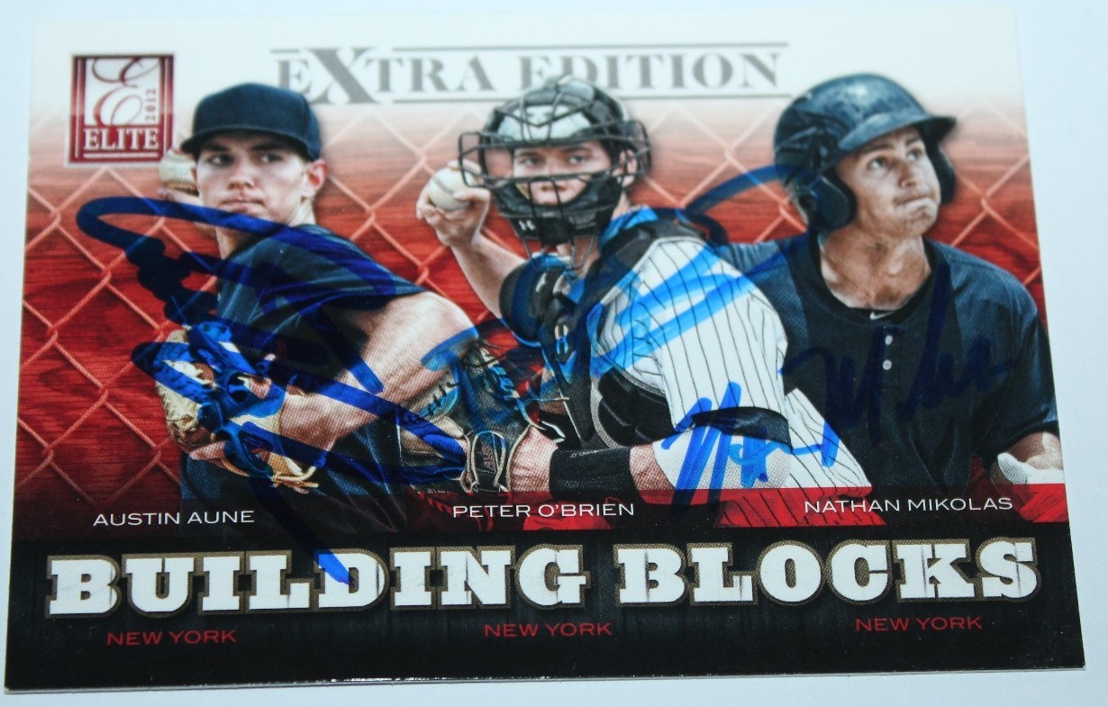 Peter O'Brien  Aune Mikolas signed 2012 Donruss Building Block Rookie card auto