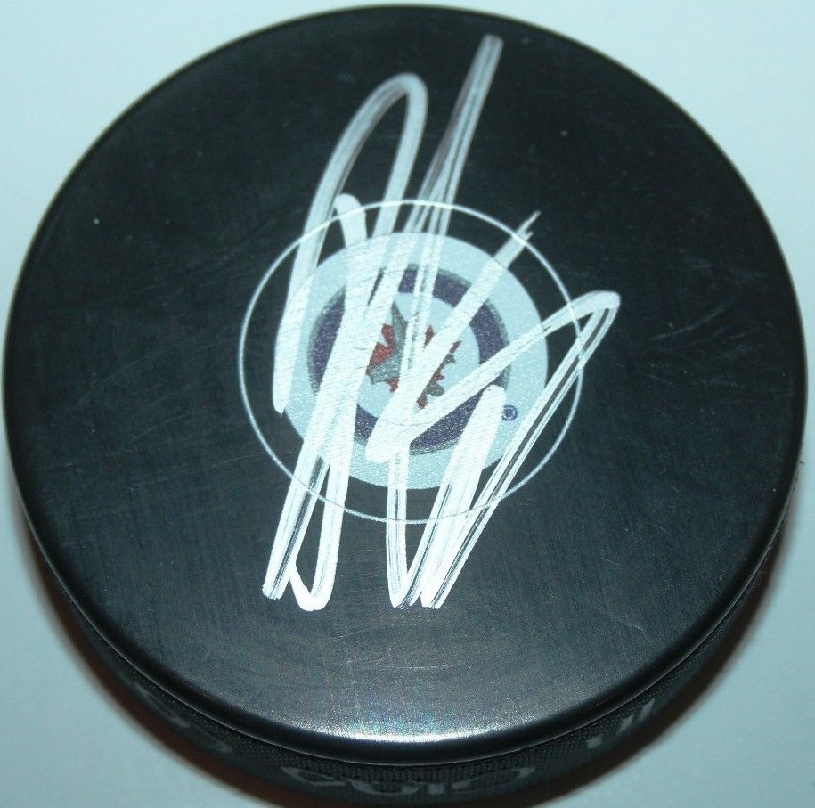 ONDREJ PAVELEC SIGNED WINNIPEG JETS HOCKEY PUCK W/CASE COA