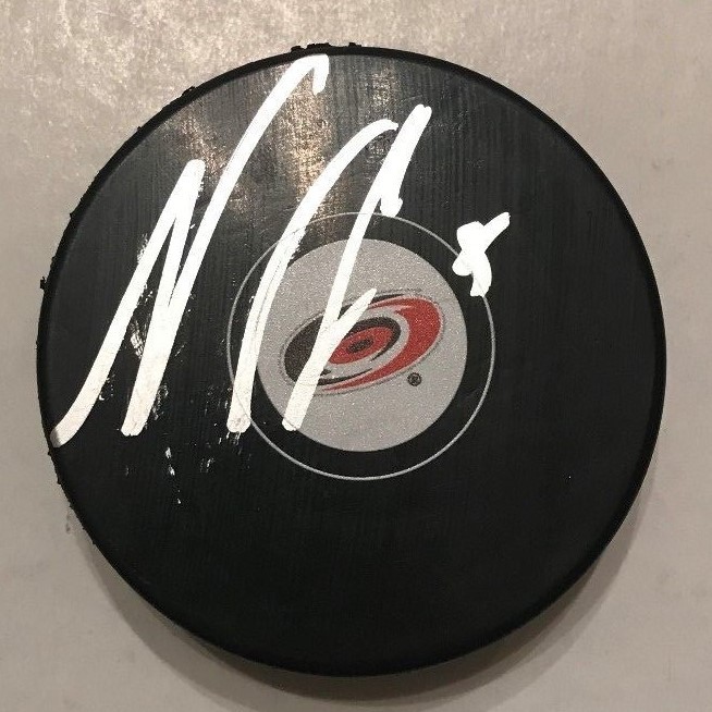NOAH HANIFIN SIGNED CAROLINA HURRICANES PUCK W/CASE COA