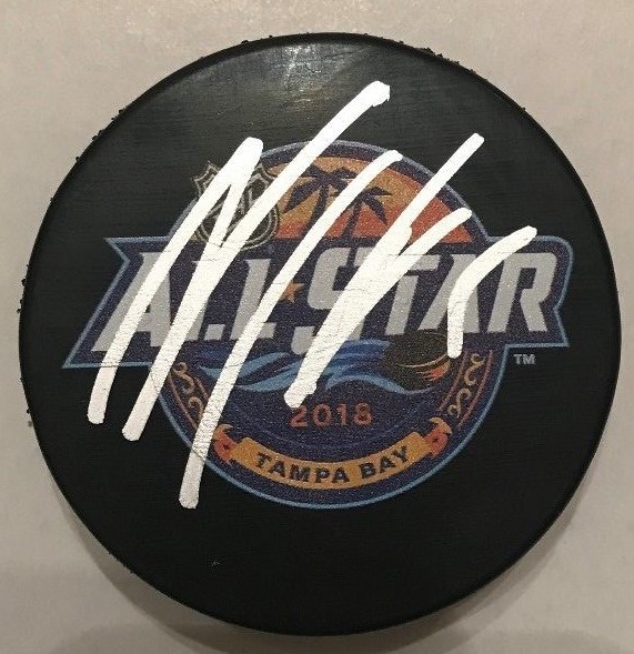 NOAH HANIFIN SIGNED 2018 NHL ALL STAR GAME PUCK W/CASE HURRICANES COA